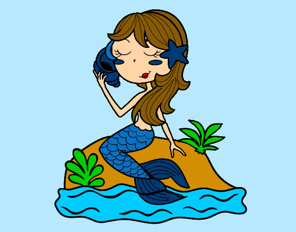 Dibujo Sirena sentada en una roca con una caracola pintado por ianna