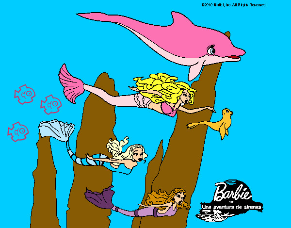 Dibujo Barbie nadando con sirenas pintado por fativalen
