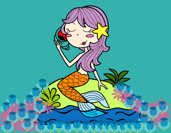 Dibujo Sirena sentada en una roca con una caracola pintado por yezus