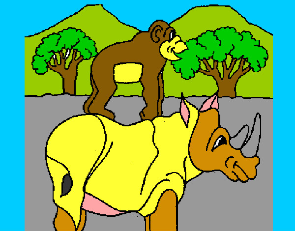 Dibujo Rinoceronte y mono pintado por mimoar