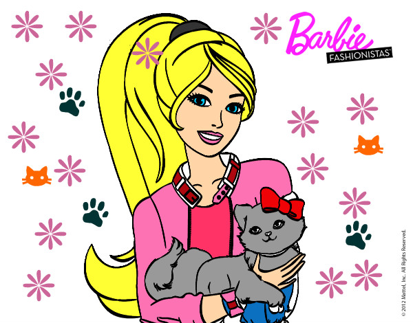 Dibujo Barbie con su linda gatita pintado por pera