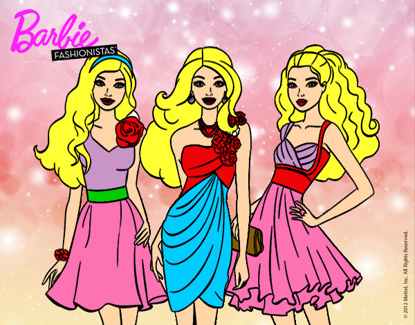 Dibujo Barbie y sus amigas vestidas de fiesta pintado por jule
