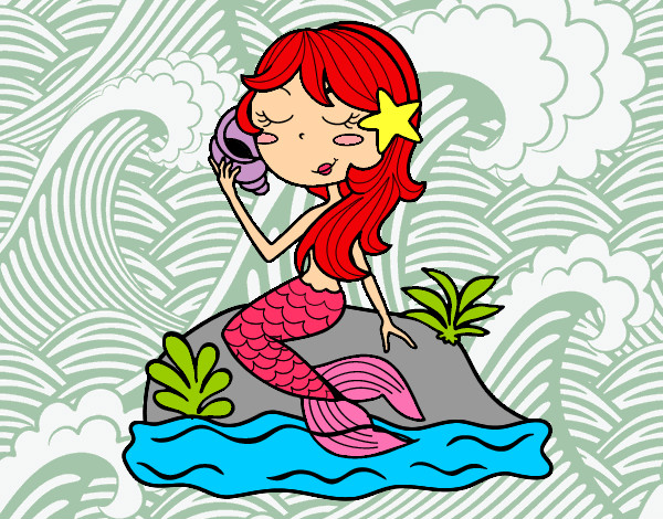 Dibujo Sirena sentada en una roca con una caracola pintado por IrenePink