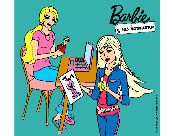 Dibujo Barbie y su hermana merendando pintado por yensie