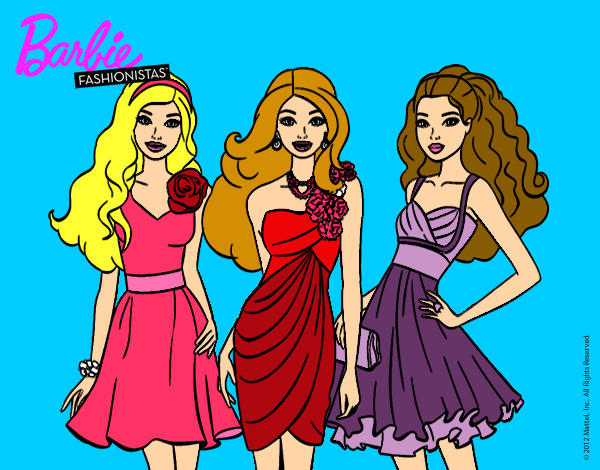 Dibujo Barbie y sus amigas vestidas de fiesta pintado por AMAPOLAS