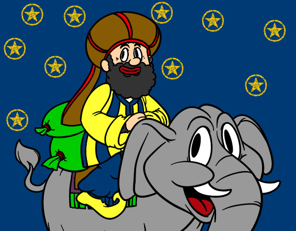 Dibujo Rey Baltasar en elefante pintado por mope