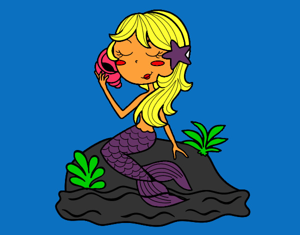 Dibujo Sirena sentada en una roca con una caracola pintado por liletgru