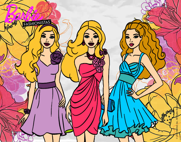 Dibujo Barbie y sus amigas vestidas de fiesta pintado por Badinu