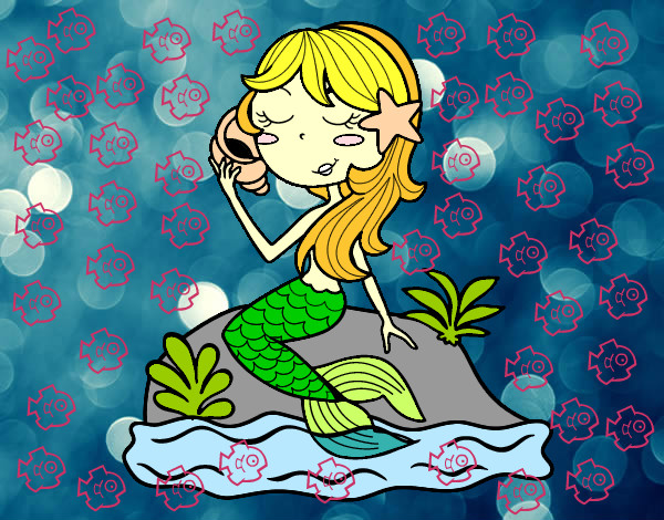 Dibujo Sirena sentada en una roca con una caracola pintado por feremi