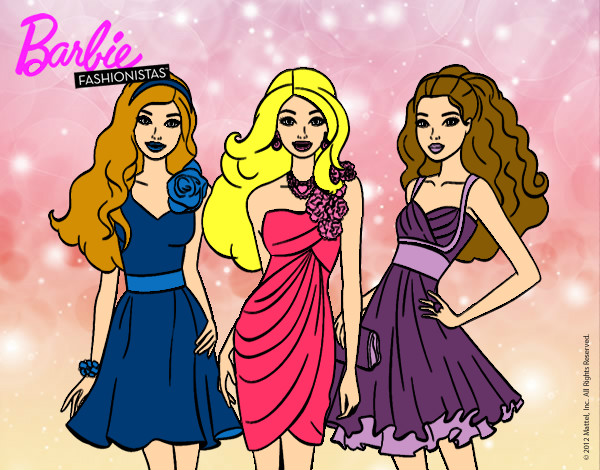 Dibujo Barbie y sus amigas vestidas de fiesta pintado por espejo