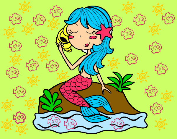 Dibujo Sirena sentada en una roca con una caracola pintado por YUMBA