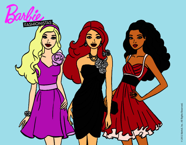 Dibujo Barbie y sus amigas vestidas de fiesta pintado por fany
