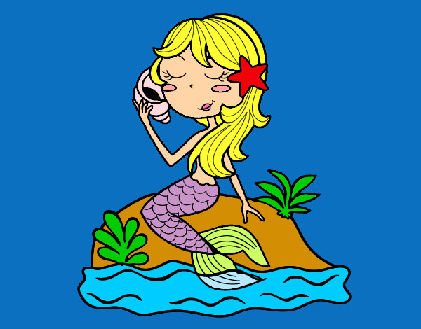 Dibujo Sirena sentada en una roca con una caracola pintado por Mariley24