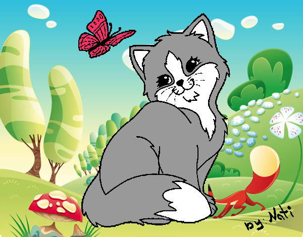 Dibujo Gatito y mariposa pintado por desi10