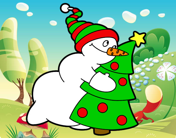 Dibujo Muñeco de nieve abrazando árbol pintado por valantina