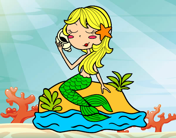Dibujo Sirena sentada en una roca con una caracola pintado por chanin