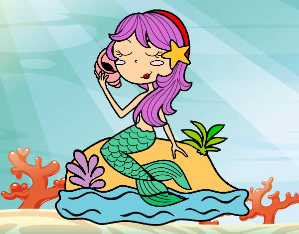 Dibujo Sirena sentada en una roca con una caracola pintado por donnaxa