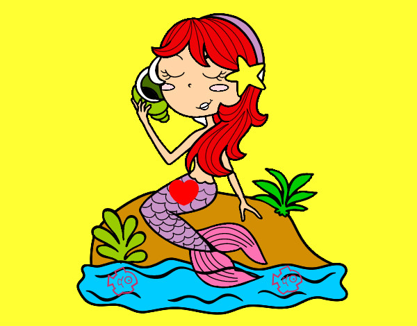 Dibujo Sirena sentada en una roca con una caracola pintado por anjuguca