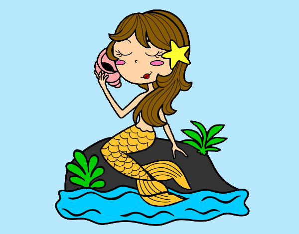 Dibujo Sirena sentada en una roca con una caracola pintado por Helga