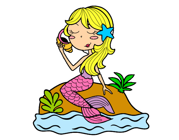 Dibujo Sirena sentada en una roca con una caracola pintado por haso