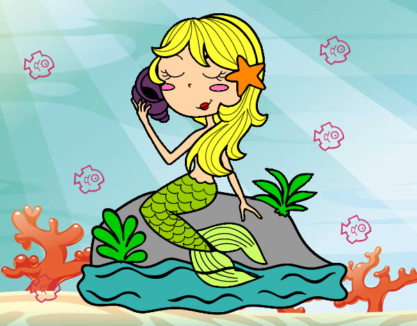 Dibujo Sirena sentada en una roca con una caracola pintado por juanxita