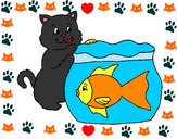 Dibujo Gato y pez pintado por liz0412