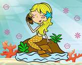 Dibujo Sirena sentada en una roca con una caracola pintado por cazarez