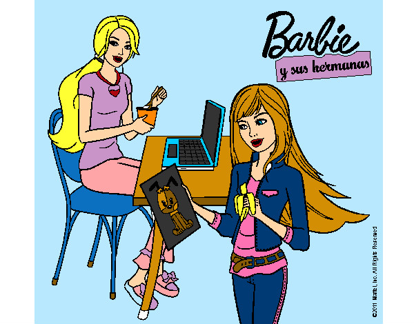 Dibujo Barbie y su hermana merendando pintado por guadalupe0