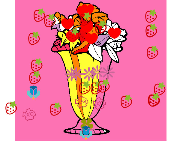 flores en jarrón con fresas y sellos