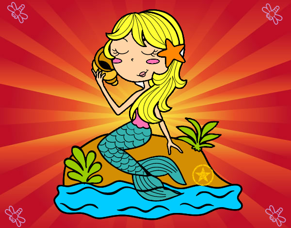 Dibujo Sirena sentada en una roca con una caracola pintado por yamomile