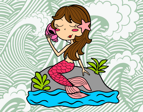 Dibujo Sirena sentada en una roca con una caracola pintado por bombi53