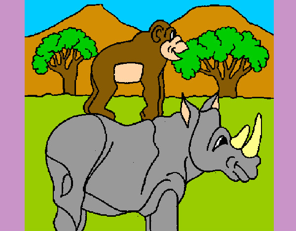 Dibujo Rinoceronte y mono pintado por pingo