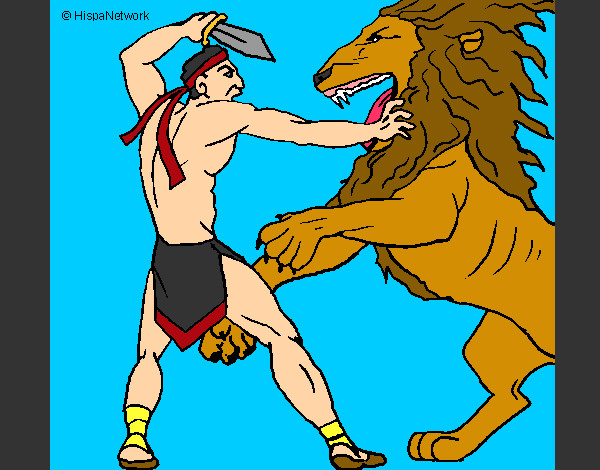 Dibujo Gladiador contra león pintado por siberiano