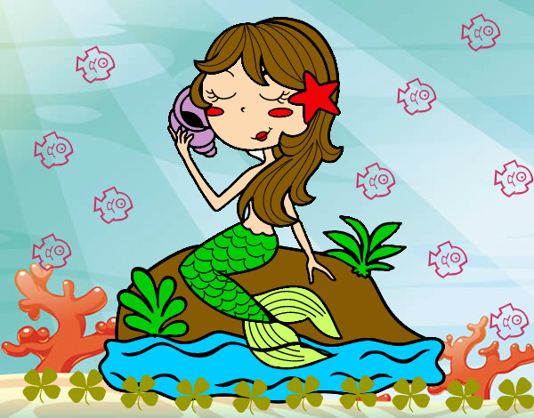 Dibujo Sirena sentada en una roca con una caracola pintado por nayu