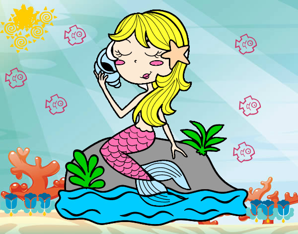 Dibujo Sirena sentada en una roca con una caracola pintado por kinda
