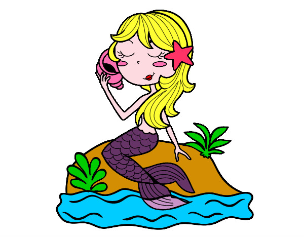 Dibujo Sirena sentada en una roca con una caracola pintado por yareliii