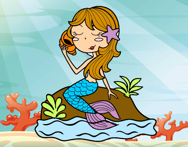 Dibujo Sirena sentada en una roca con una caracola pintado por carmenjuan