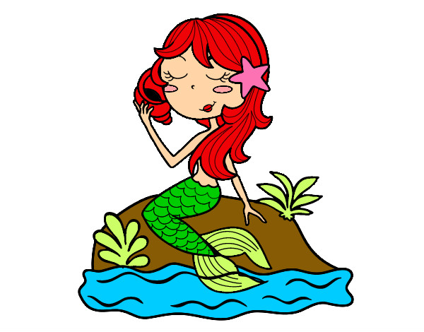 Dibujo Sirena sentada en una roca con una caracola pintado por rockerita