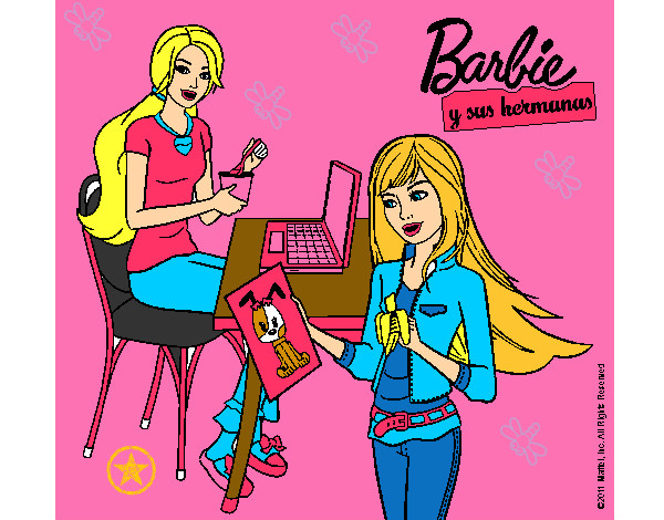 Dibujo Barbie y su hermana merendando pintado por montse1