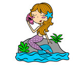 Dibujo Sirena sentada en una roca con una caracola pintado por negritha