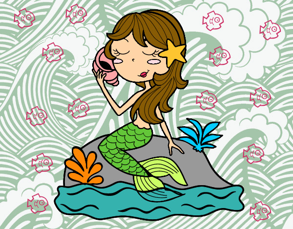 Dibujo Sirena sentada en una roca con una caracola pintado por teddypupy7