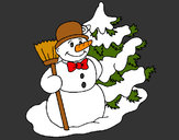 Dibujo Muñeco de nieve y árbol navideño pintado por navidad2