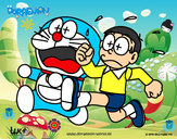 Dibujo Doraemon y Nobita corriendo pintado por mikelita