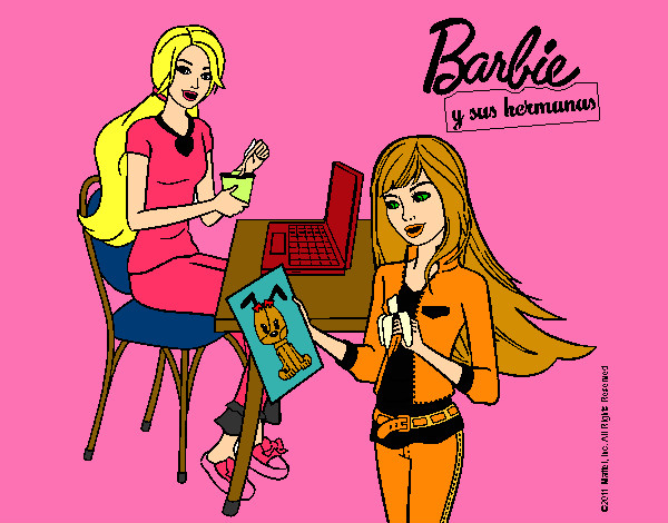 Dibujo de Barbie y su hermana merendando pintado por Amalia en Dibujos net el día a las