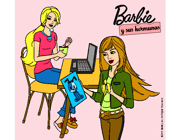 Dibujo Barbie y su hermana merendando pintado por sofhia