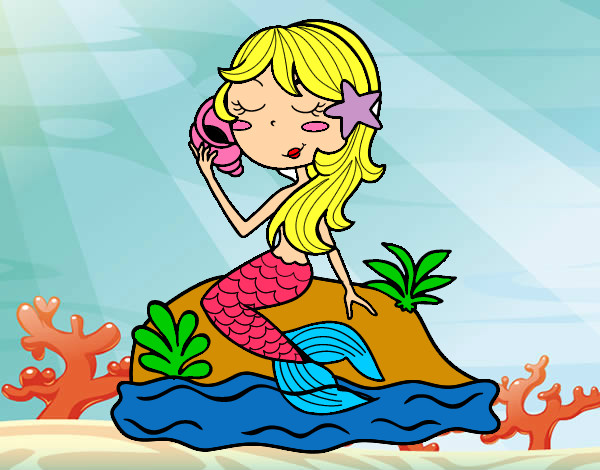 Dibujo Sirena sentada en una roca con una caracola pintado por LeyDan