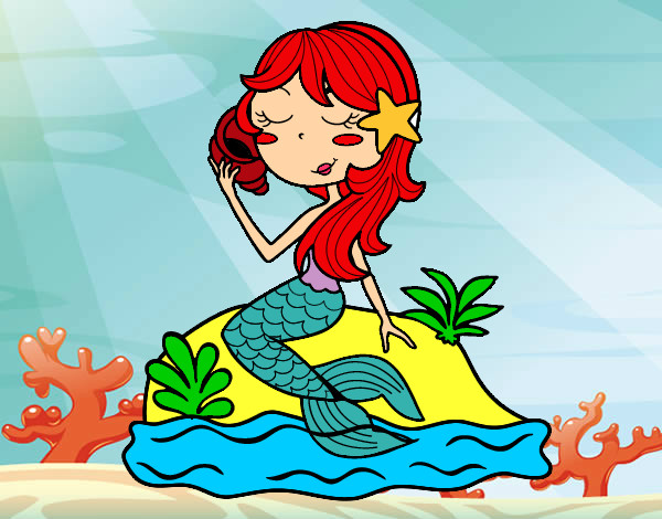 Dibujo Sirena sentada en una roca con una caracola pintado por franbell
