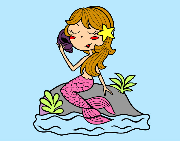 Dibujo Sirena sentada en una roca con una caracola pintado por Juzn