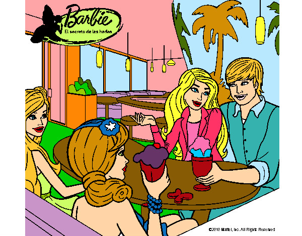 Dibujo Barbie y sus amigos en la heladería pintado por emily-mia