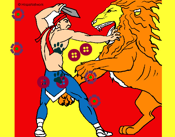 Dibujo Gladiador contra león pintado por megi